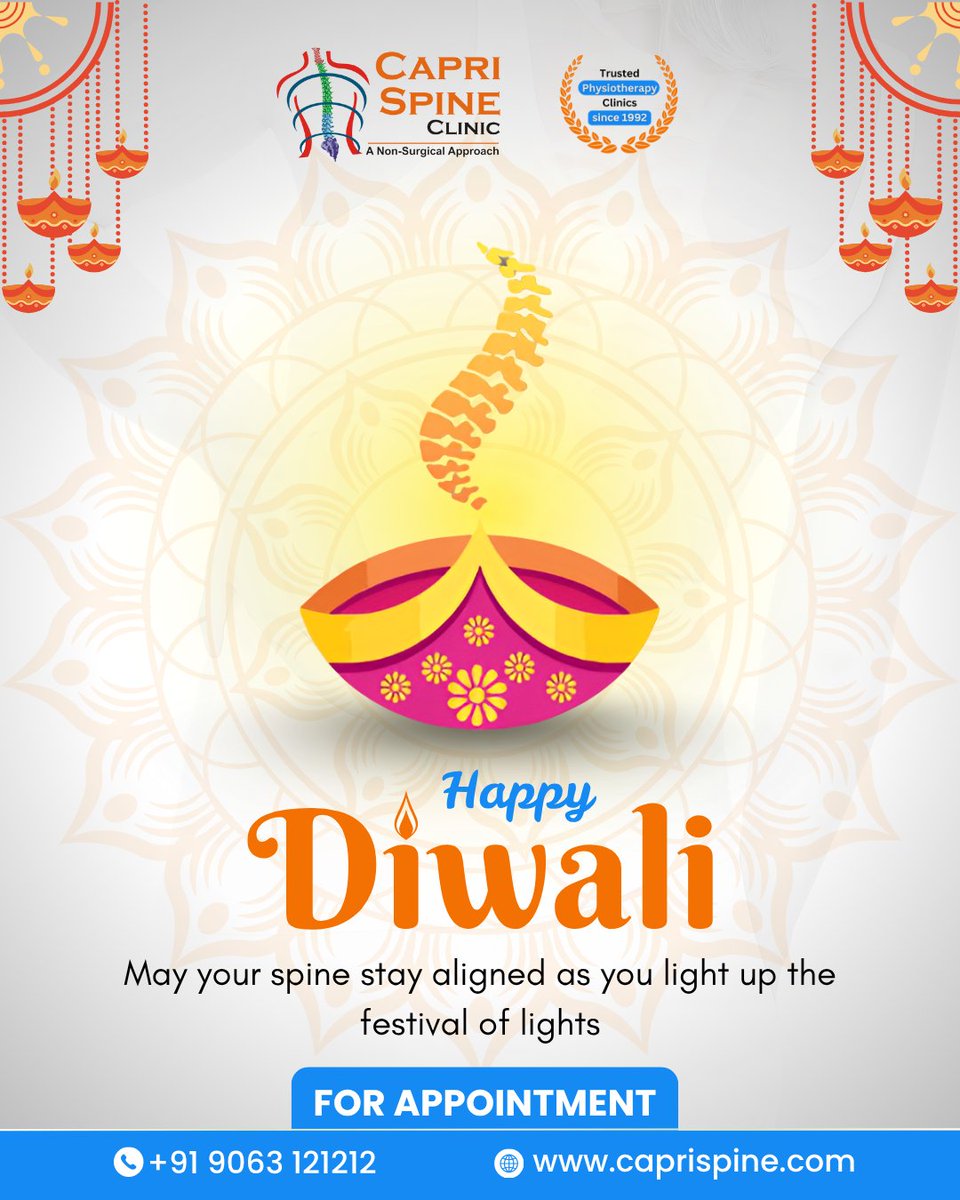 CapriSpine's tweet photo. Light up your Diwali with good health &amp; happiness!
May your spine stay aligned as you shine bright this festive season.
📞 Call: +91 9063 121212
🌐 Visit: https://t.co/Z6p5qEaRlM
#SpineHealth #HealthyDiwali #PhysiotherapyCare #WellnessJourney https://t.co/ZFbVAu1KBX