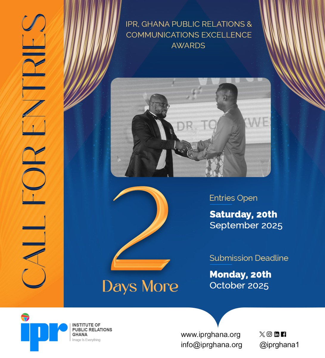 #2daysmore
Showcase your best campaigns and be named the best in your sector.

Put in your nominations now!
👉🏾 awards.iprghana.org
📩 awards@iprghana.org

Entry Payments:

Individuals: GH¢700 per entry
Corporate Institutions: GH¢1,500 per entry

#IPRGhana #PRexcellenceawards