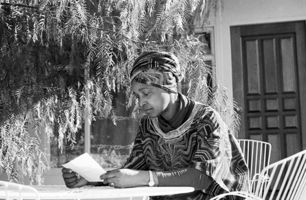 Winnie Mandela reading a letter that reached her in Brandfort in the Free State, where she had been banished by the apartheid state. Photo by Jimi Matthews