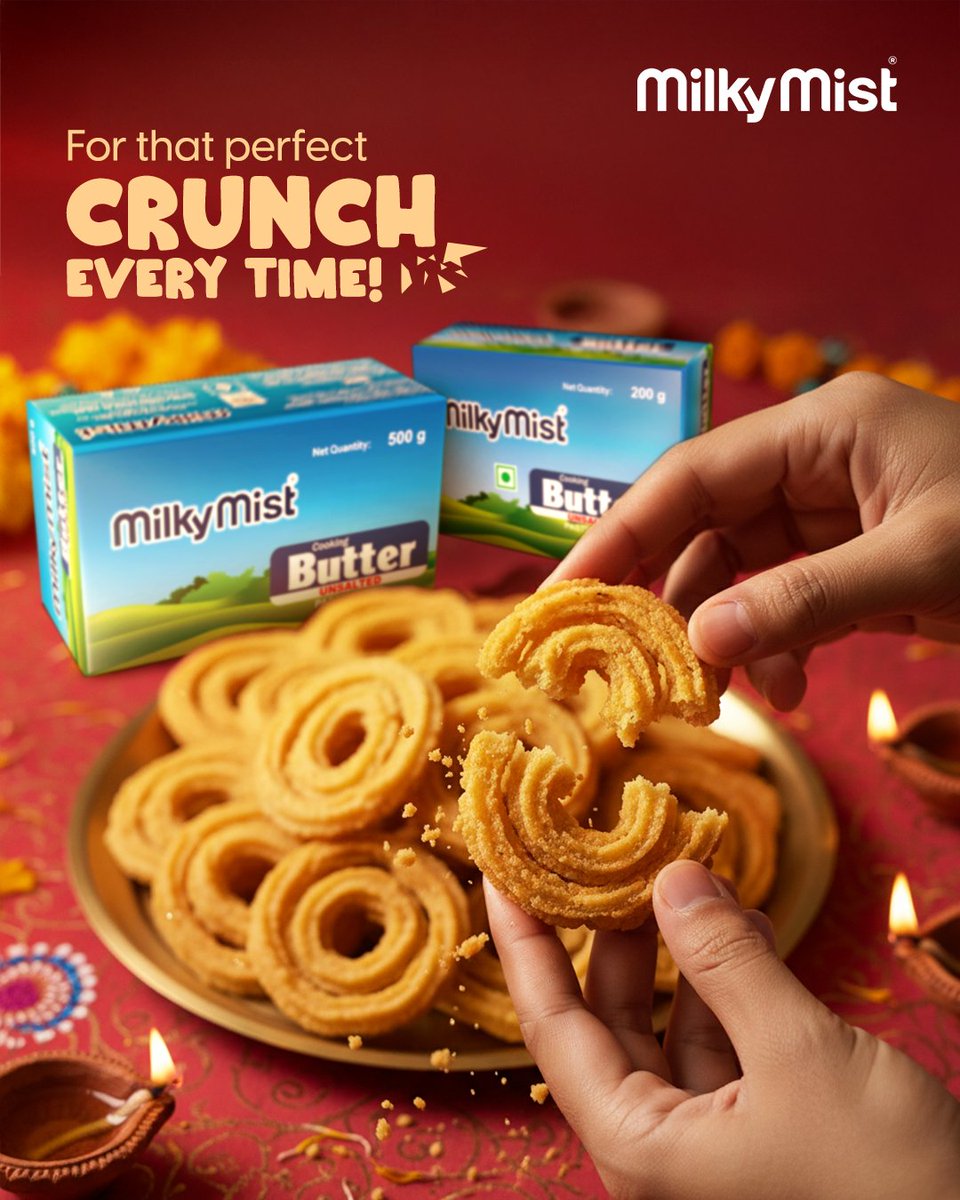 ✨ Nothing says Diwali like the crunch of fresh butter murukku!

Made richer, tastier, and festival-ready with Milky Mist Butter.

Stack them high, break one in the middle, and let the celebrations begin! 🎉

#MilkyMist #ButterMurukku #FestiveCrunch #DiwaliWithMilkyMist