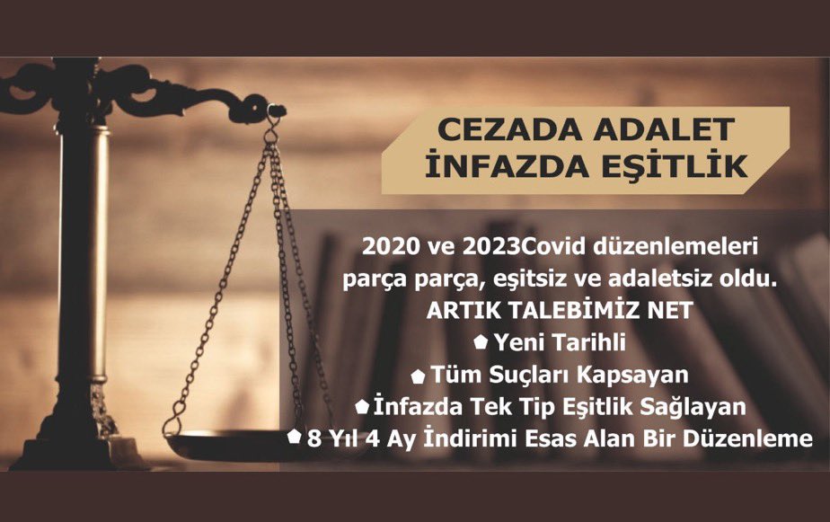 Sayın bakan <a href="/yilmaztunc/">Yılmaz TUNÇ</a>,

Toplumsal uzlaşıya her zamankinden fazla ihtiyaç duyduğumuz bu dönemde, adaletin yolu eşit ve adil bir infaz düzenlemesinden geçmektedir..

👉Hukukun terazisi yeniden dengelenmeli, infazda süregelen eşitsizlikler giderilmeli, umut hakkı her bireye aynı