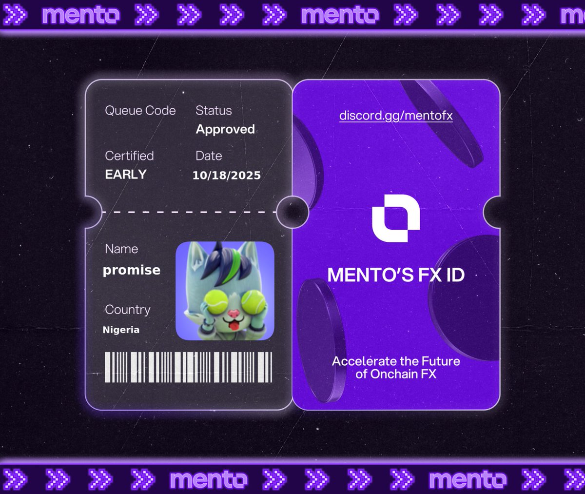 cryptpromise's tweet image. Licensed to trade the internet’s FX layer. 

Claimed my FX ID on discord.gg/mentofx 

 every currency, onchain with @MentoLabs