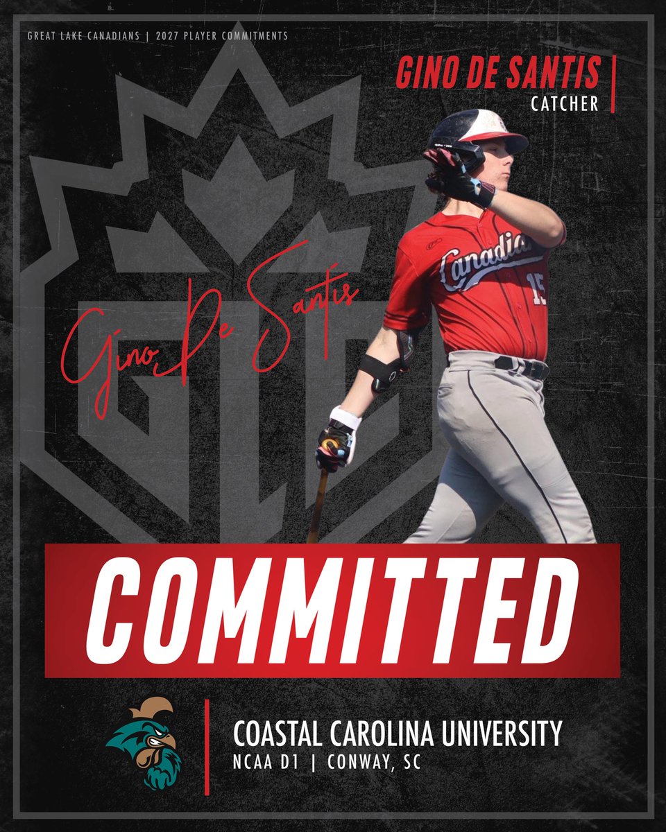 Congrats to GLC Catcher <a href="/GdeSantis15/">Gino De Santis</a> on his commitment to <a href="/CoastalBaseball/">Coastal Carolina Baseball</a>.  #GLCCommit🍁