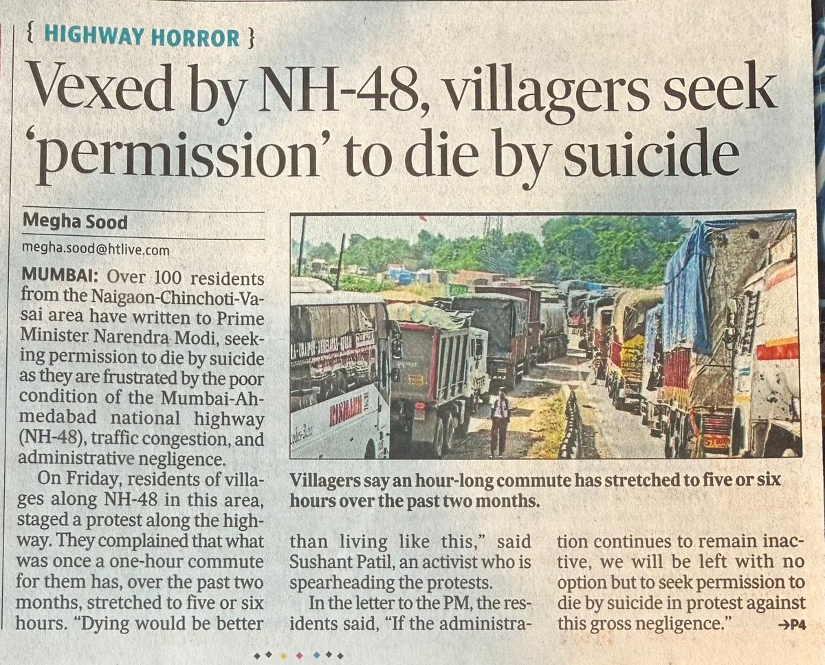 zoo_bear's tweet image. Over 100 residents from the Naigaon-Chinchoti-Vasai area have written to Prime Minister @narendramodi, seeking permission to d1€ by sui¢ide as they are frustrated by the poor condition of the Mumbai-Ahmedabad national highway (NH-48), traffic congestion, and administrative…