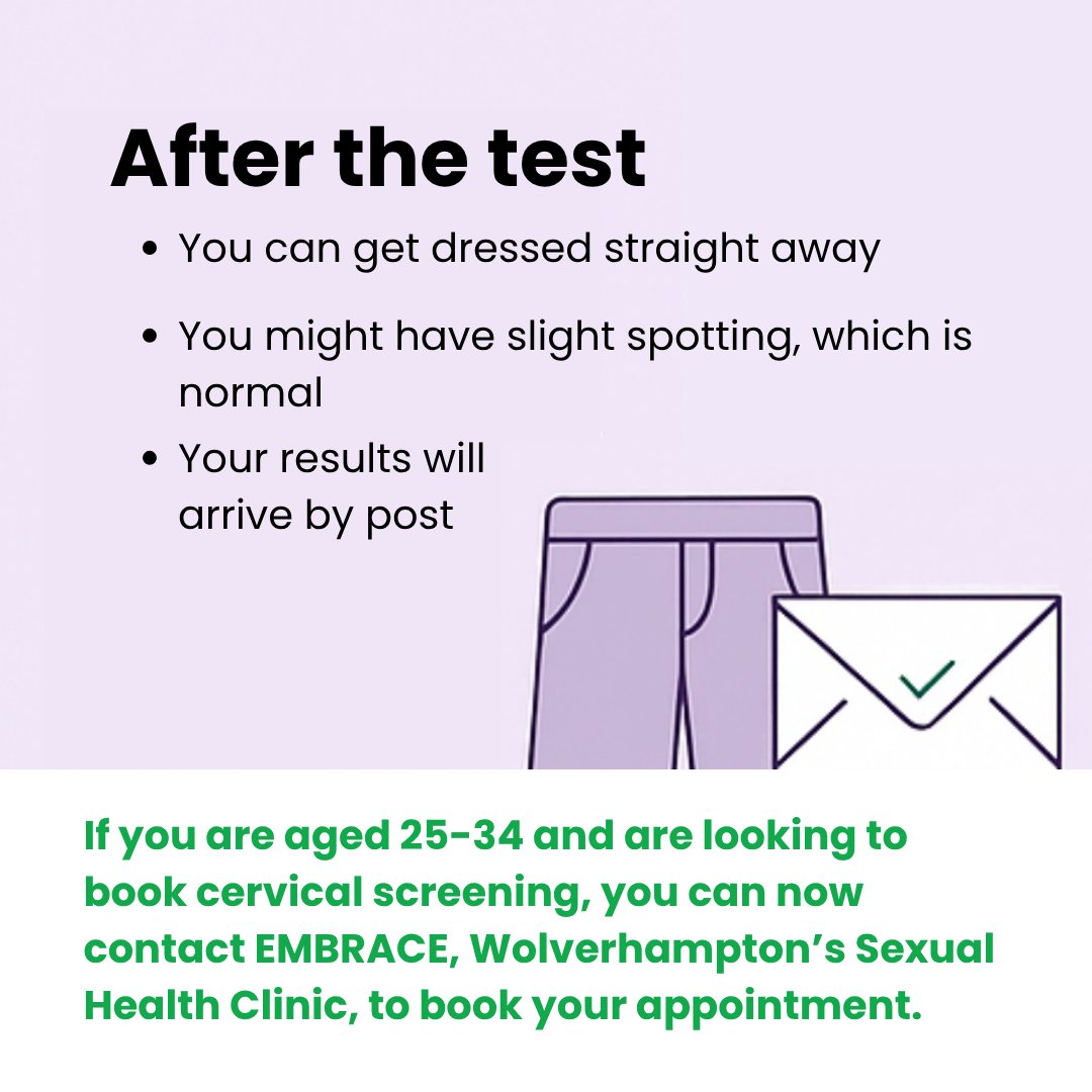 Cervical screening checks cervix health to prevent cancer. Women &amp; those with a cervix aged 25-34 can book with Embrace! Mon-Thurs 9am-8pm, Fri 9am-5pm. Call 01902 444444, quote “OPEN ACCESS.” More info 👉🔗 embracewolverhampton.nhs.uk/clinics-and-ap…