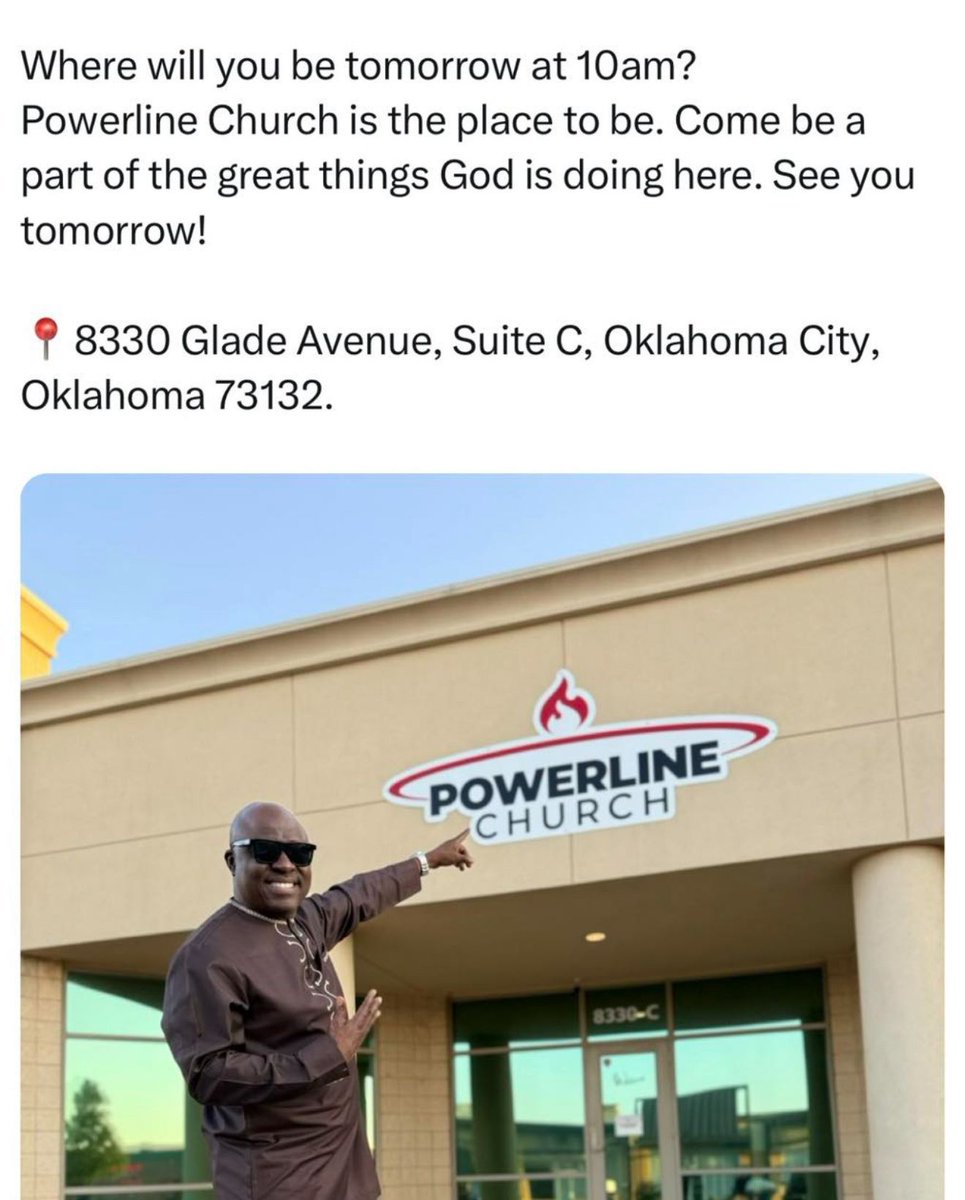 powerlineokc's tweet photo. Your Sunday destination — Powerline Church. 
One service, endless impact! ⚡️

#powerlinechurchokc #apostlejoshuaaghasedo #sundayinvite #churchinokc https://t.co/yHMO15JYLA