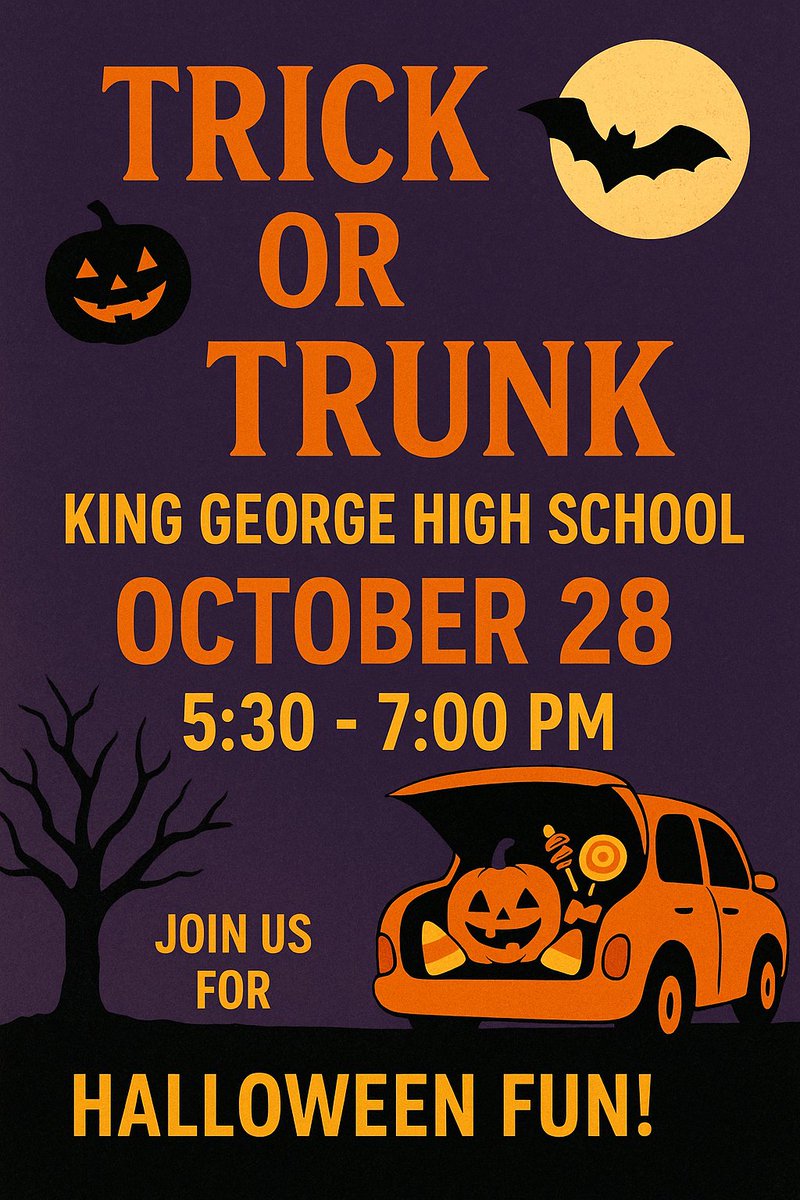 Join us for Trunk or Treat at King George High School! 

Bring your family for a fun evening of candy, costumes, and community on October 28 from 5:30–7:00 PM.

We can’t wait to see all the creative trunks and festive fun!