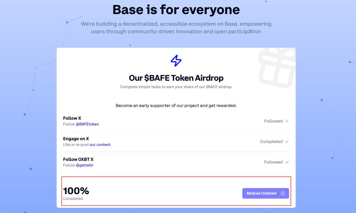 Airdrop6_com's tweet image. New #airdrop: BAFE (Claim Badge Pass On Base &amp;amp; FCFS Only)
Reward: Badge Pass &amp;amp; Token 
News: Badge, Adopters
Distribution date: After claim

🔗Airdrop Link: getbafe.xyz

1: Connect yours New Base wallet address and claim Badge Pass
2: Badges and NFT Pass will be unlock…