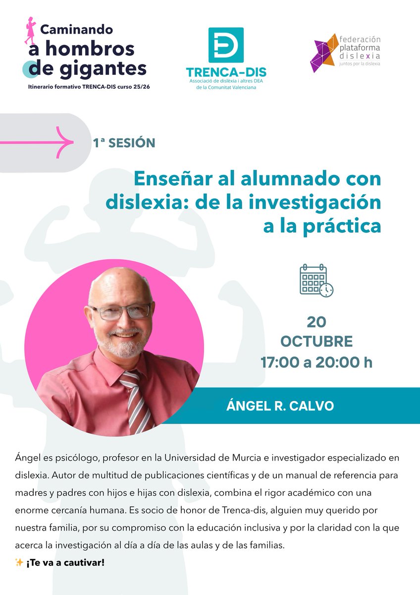 ⏰ ¡Últimas horas!
La inscripción al taller RESPUESTA EDUCATIVA PARA EL ALUMNADO CON DISLEXIA dentro del ciclo: “Caminando a hombros de gigantes” se cierra hoy a las 12 de la noche.
Gracias a todas las familias y profesionales por vuestro interés y compromiso con la dislexia 💙🧡