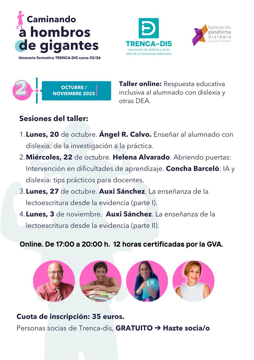 TrencaD's tweet image. ⏰ ¡Últimas horas!
La inscripción al taller RESPUESTA EDUCATIVA PARA EL ALUMNADO CON DISLEXIA dentro del ciclo: “Caminando a hombros de gigantes” se cierra hoy a las 12 de la noche.
Gracias a todas las familias y profesionales por vuestro interés y compromiso con la dislexia 💙🧡…