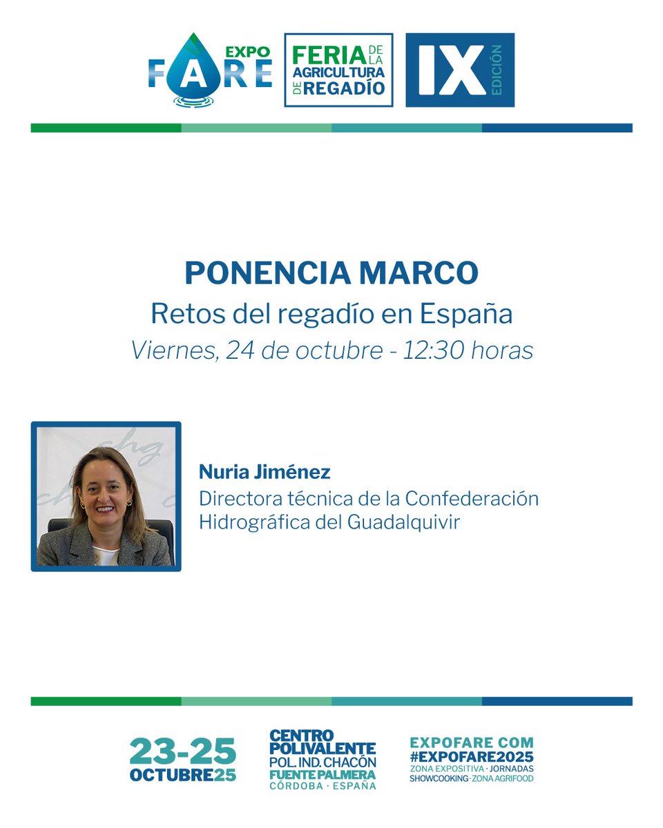 📣 Ponencia marco: “Retos del regadío en España” | VI Encuentro de Comunidades de Regantes (ExpoFare × <a href="/FeraguaRegantes/">Feragua</a>)

Anótalo en tu agenda, guarda y comparte este post para que no se te pase. Inscripción gratuita: expofare.es/inscripcion