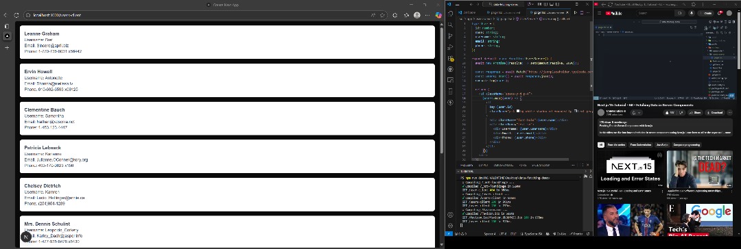 EbongValentineX's tweet image. Day 12 of my Next.js journey 🚀
Today I got to learn about data fetching on the client side and server side and honestly Server side data fetching is way better.
#Nextjs #WebDev #100DaysOfCode #react