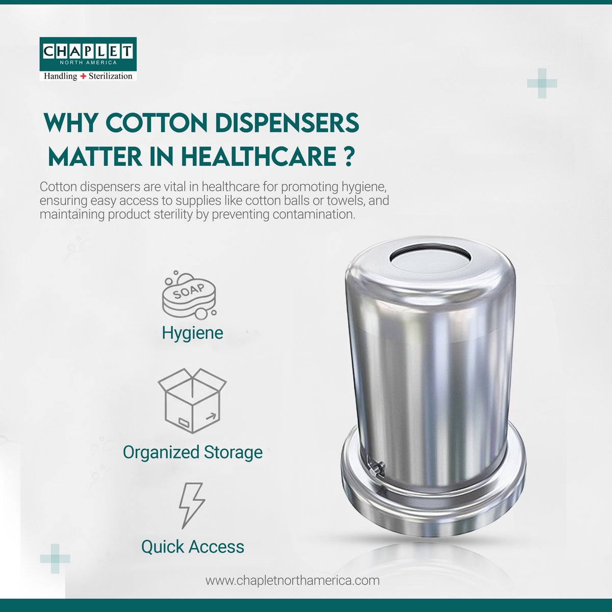 ChapletNA's tweet image. Cotton dispensers help maintain hygiene by keeping cotton rolls sterile, organized, and always ready for quick use in clinical care. ✨

Visit Us-&amp;gt; chapletnorthamerica.com

#CottonDispenser #HealthcareEssentials #SterileSolutions #MedicalInstruments #ChapletNorthAmerica