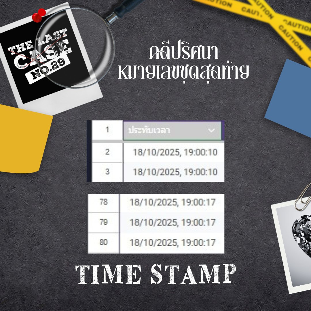 (🔎) The Last Case No.29
คดีปริศนาหมายเลขชุดสุดท้าย

Time Stamp 
จำนวนที่นั่งว่างทั้งหมด 77 ที่นั่ง 

✦ 

ติดตามการประกาศรายชื่อที่ตรวจสอบแล้วอีกครั้งค่ะ 

#29thMysteryCaseBook 
#kasibook