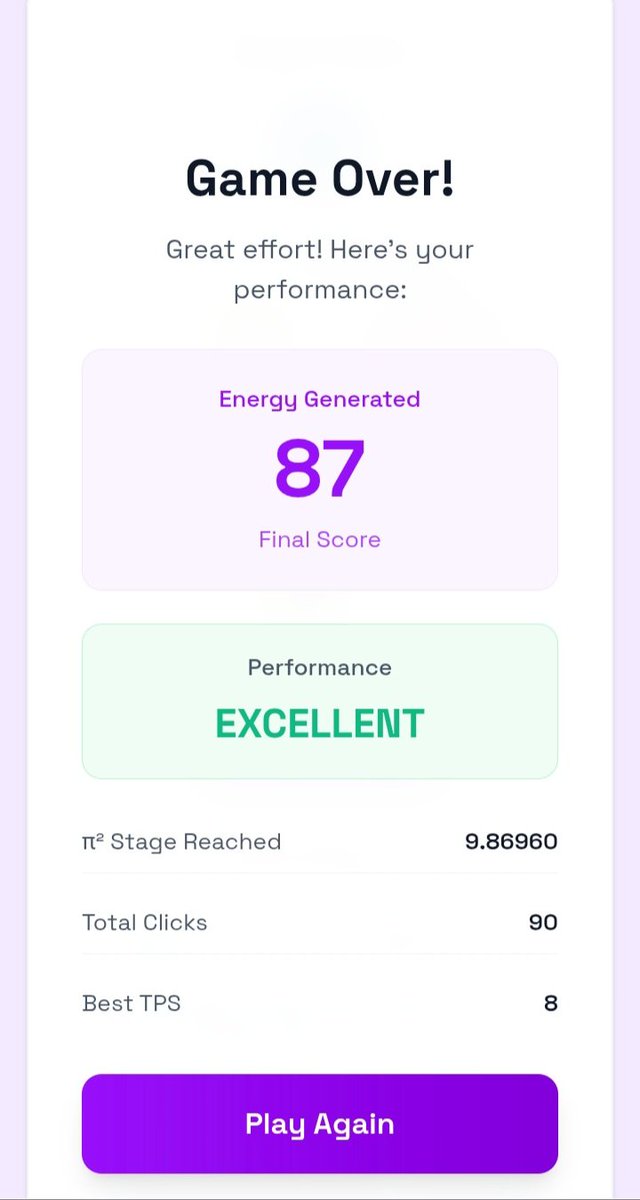 rifal71877's tweet image. Game Over! 🥳 Got an EXCELLENT performance with a Final Score of 87 and reached the pi2 Stage at 9.86960 in the Reactor Game! Check out my score! #ReactorGame #Pi2Network @Pi_Squared_Pi2