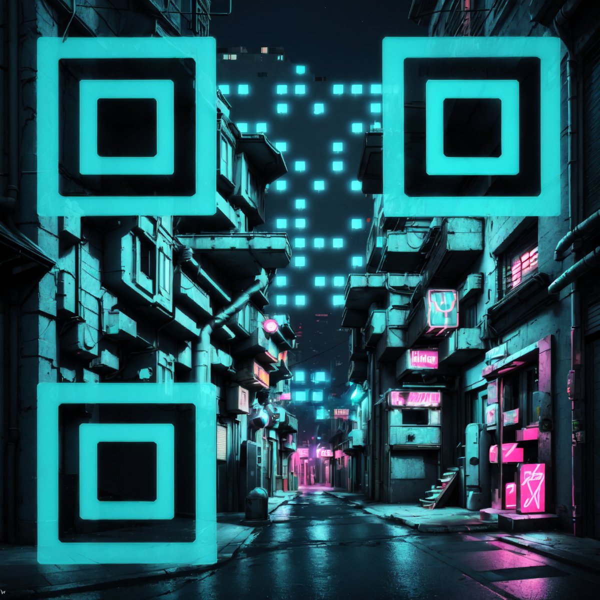 artvizual's tweet image. Scannable CyberPunk Alley #cyberpunk #art #qrcode
