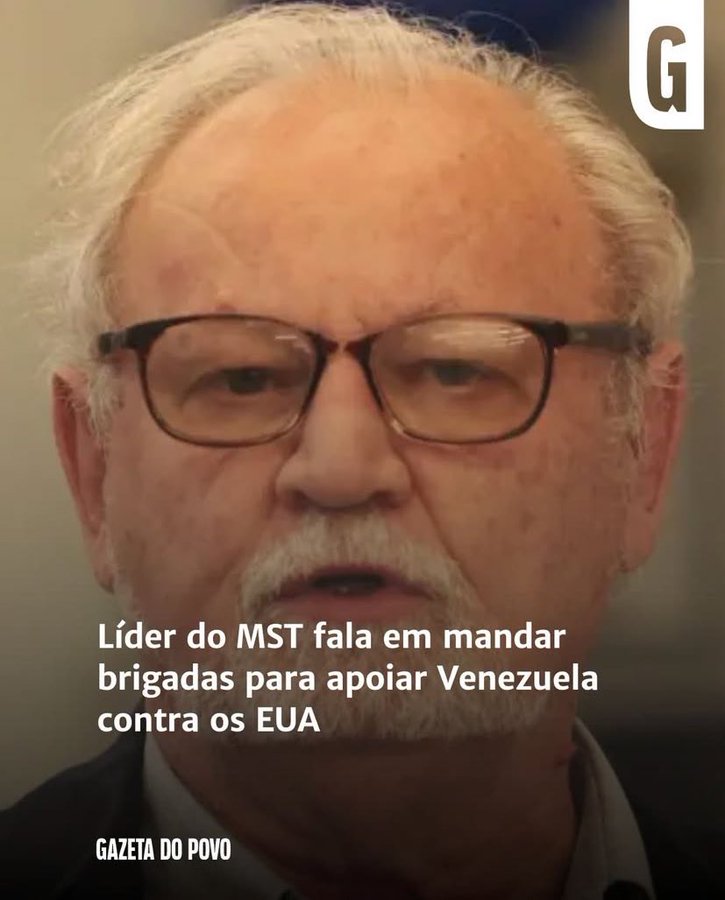 Portrait of elderly man with white hair, glasses, and mustache wearing a suit, overlaid with Portuguese text reading Líder do MST fala em mandar brigadas para apoiar Venezuela contra os EUA, and a Gazeta do Povo logo at the bottom
