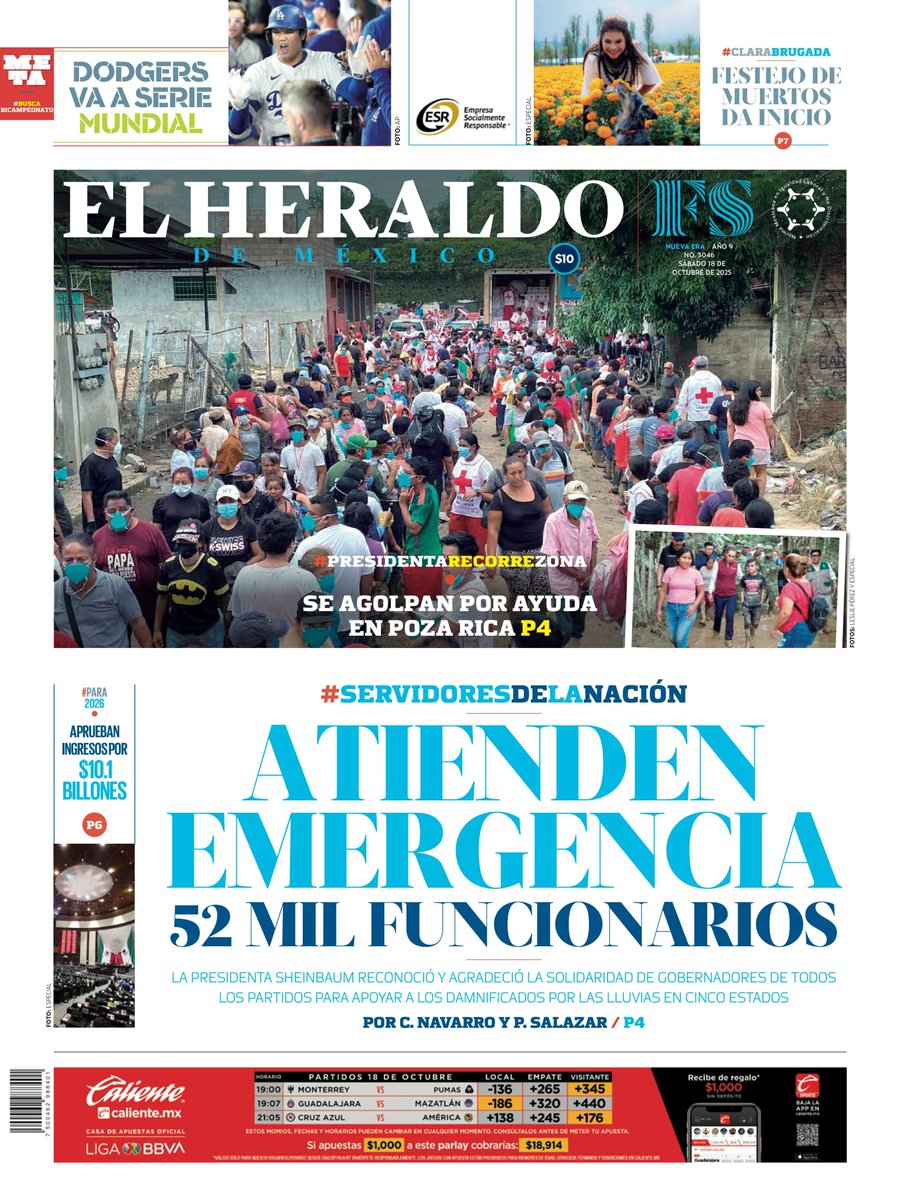 #EnPortada de El <a href="/heraldodemexico/">El Heraldo de México</a> 📰:

🔵 Servidores de la Nación atienden emergencia 
🔵#ClaudiaSheinbaum recorre zona, se agolpan por ayuda en Poza Rica
🔵Para 2026 aprueban ingresos por $10.1 billones

➡ bit.ly/4goLA6H