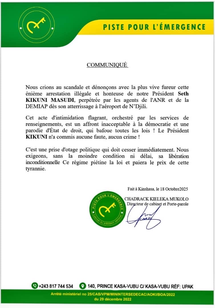 « Nous crions au scandale et dénonçons avec la plus vive fureur cette énième arrestation illégale et honteuse de notre Président Seth
KIKUNI MASUDI » Communiqué signé le directeur et porte parole du parti Piste pour l’émergence. <a href="/Binza_Oz/">Binza_Ozone</a> <a href="/KatangaCynthia/">Cynthia Katanga,MBA</a> <a href="/Katsuva_R/">Rodriguez Katsuva</a> <a href="/shabani_lukoo/">SHABANI Lukoo J.</a>