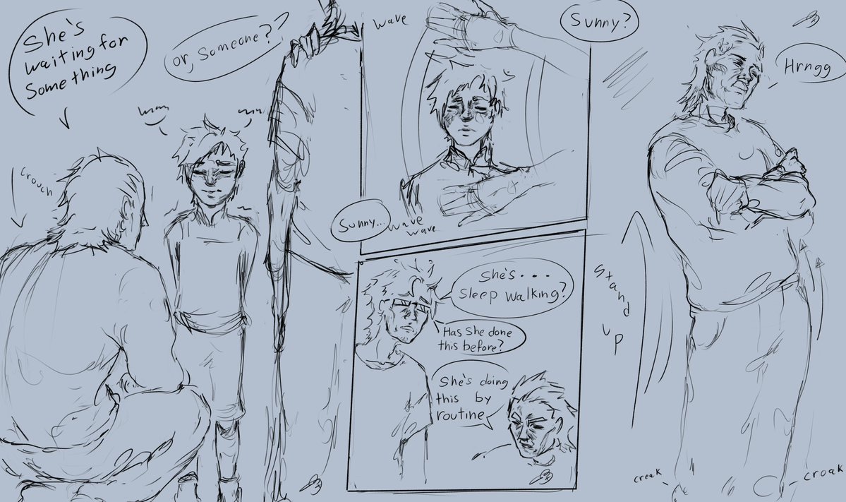 Been working on this for a while, based off of a head-canon I had of Sunny repeating her routine when she was with the Patriots, and Snotacon seeing it firsthand, kind of haha,,, there are more panels in the thread, also the alt text has the text written incase it's illegible (+)