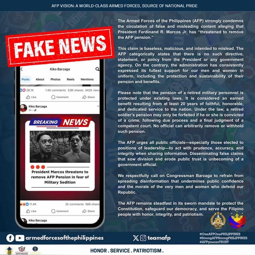 Philippine_Navy's tweet image. READ | The @TeamAFP strongly condemns the circulation of false and misleading content alleging that President Ferdinand R. Marcos Jr. has “threatened to remove the AFP pension.”
👉🏽facebook.com/share/p/1DjEDJ…
#ProtectingtheSeasSecuringOurFuture
#ModernandMultiCapablePHNavy…
