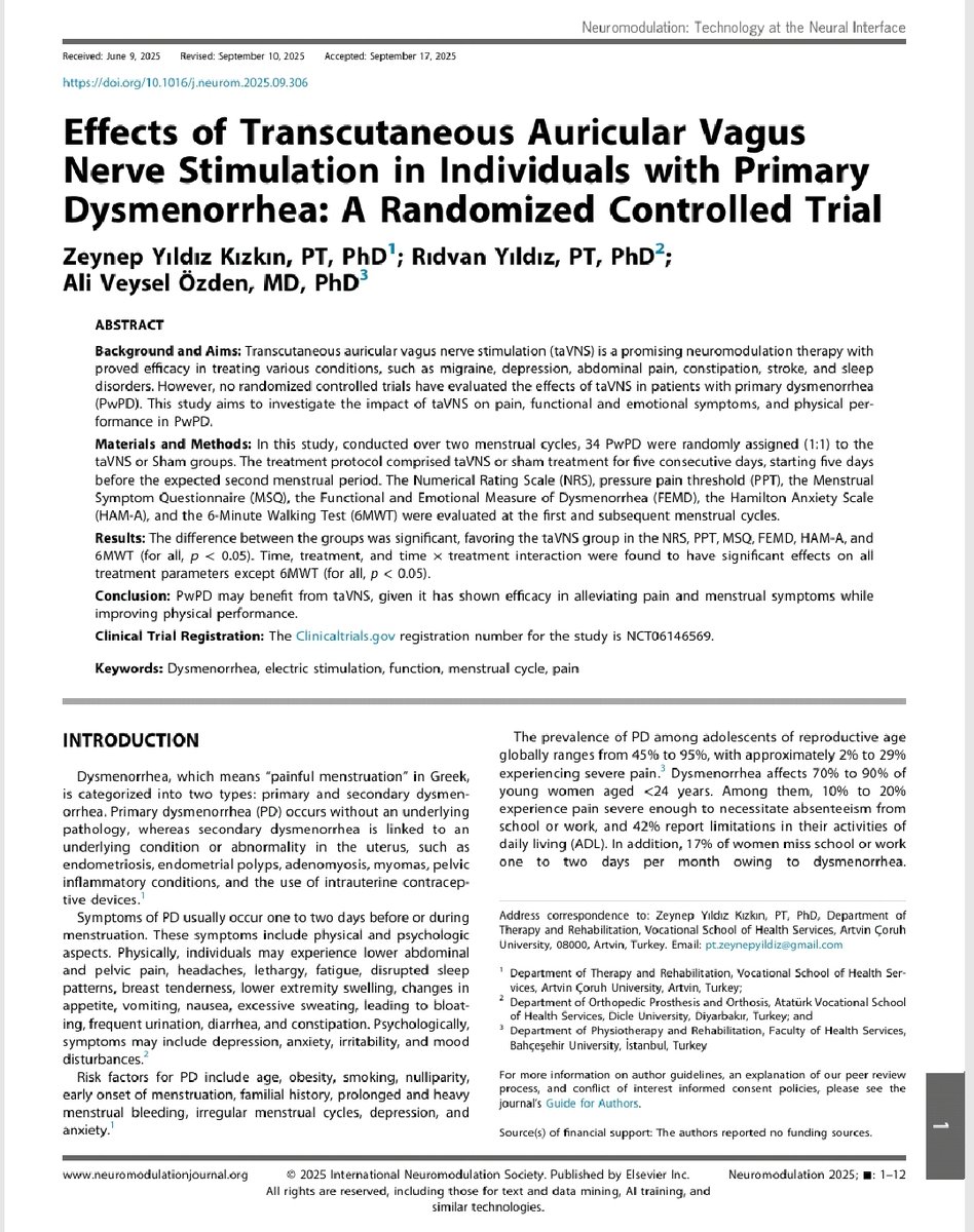 Regl (Adet) sancısı mı? Artık geçmişte kaldı :) Auriküler vagus sinir uyarımı dismenore semptomlarını azaltmada etkilidir.
sciencedirect.com/science/articl…