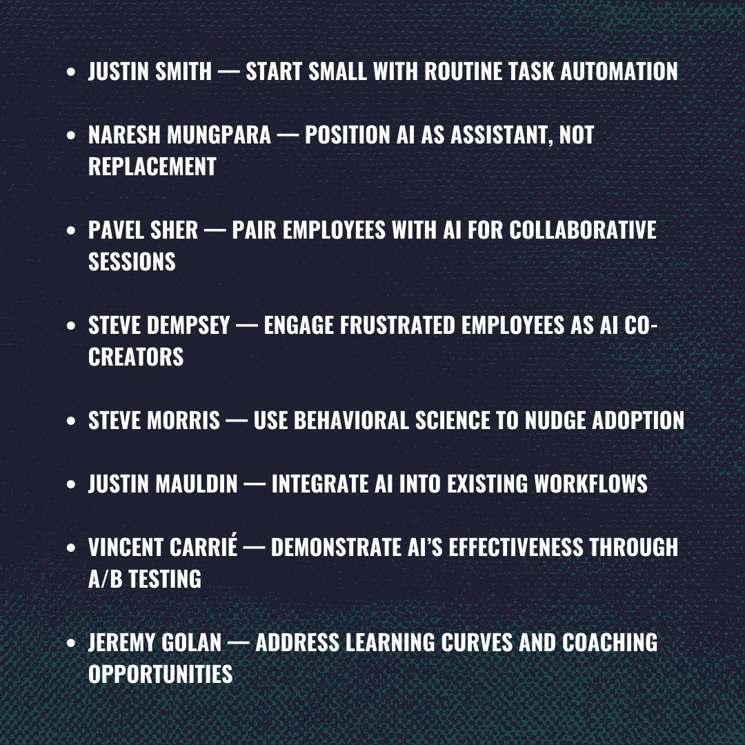 cplusapp's tweet image. 🤖 8 Ways to Overcome Employee Resistance When Implementing AI in Your Small Business.
💡 These real-world tactics from founders and managers show how small wins, empathy, and collaboration can turn AI fear into enthusiasm — one step at a time
#Leadership