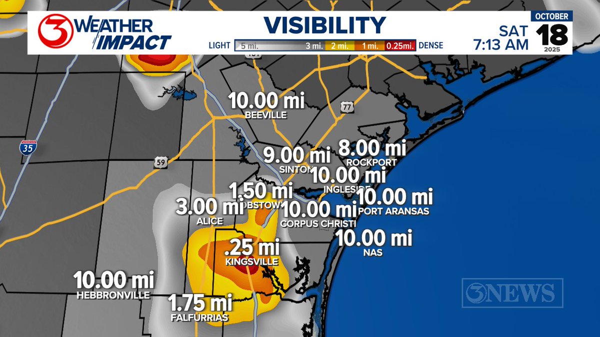 10/18 7:17 AM:
There is currently low visibility in Alice, Robstown, Kingsville, and Falfurrias due to fog. If you are in these areas and headed out early this morning, make sure to drive with caution and to use your low beams on the road.