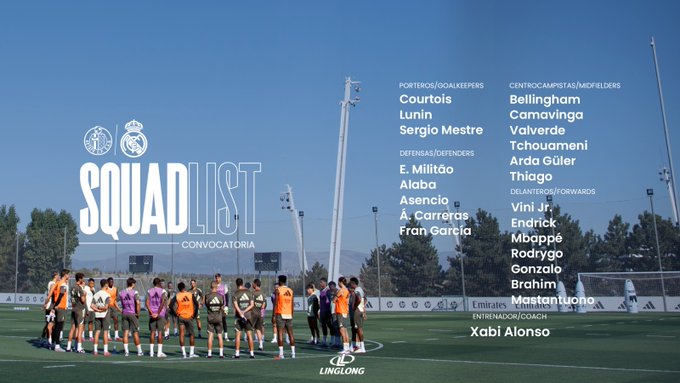 Group of male soccer players in white and purple training kits standing on green field under blue sky with stadium in background names including Courtois Bellingham Lunin Camavinga Valverde listed vertically on right side squad list text overlay for convocation against Getafe CF coach Xabi Alonso visible at bottom Linglong sponsor logo present