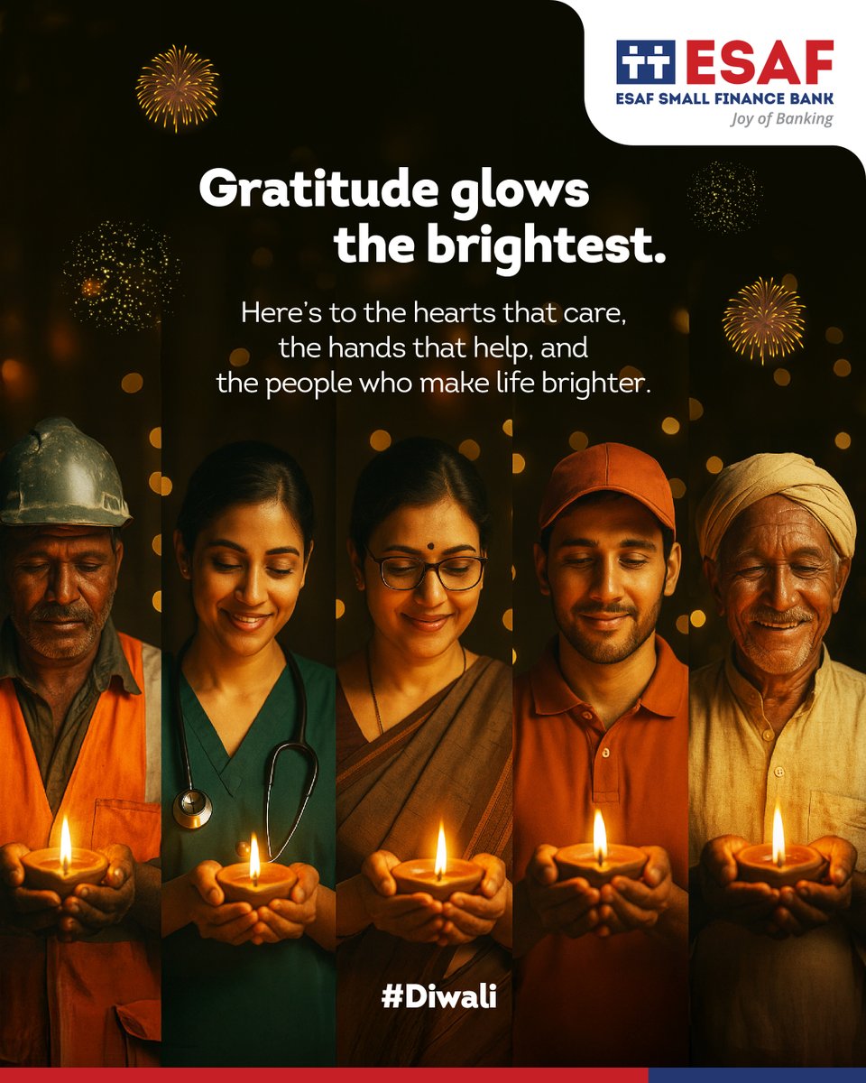 At ESAF, we believe every act of kindness leaves a little light behind.

This Diwali, we’re thankful for the compassion, trust, and hope that continue to brighten our journey — together.

#HappyDiwali #ESAFSmallFinanceBank #EmpoweringLives #BuildingProsperity
