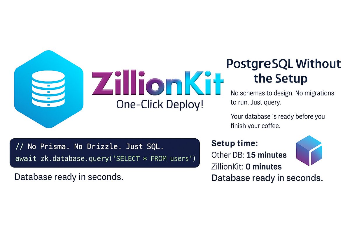 ZillionKit's tweet photo. Vibe Coding? Database needed? No problem, ZillionKit provides it with one line of code! https://t.co/TnHx0Hmtp2