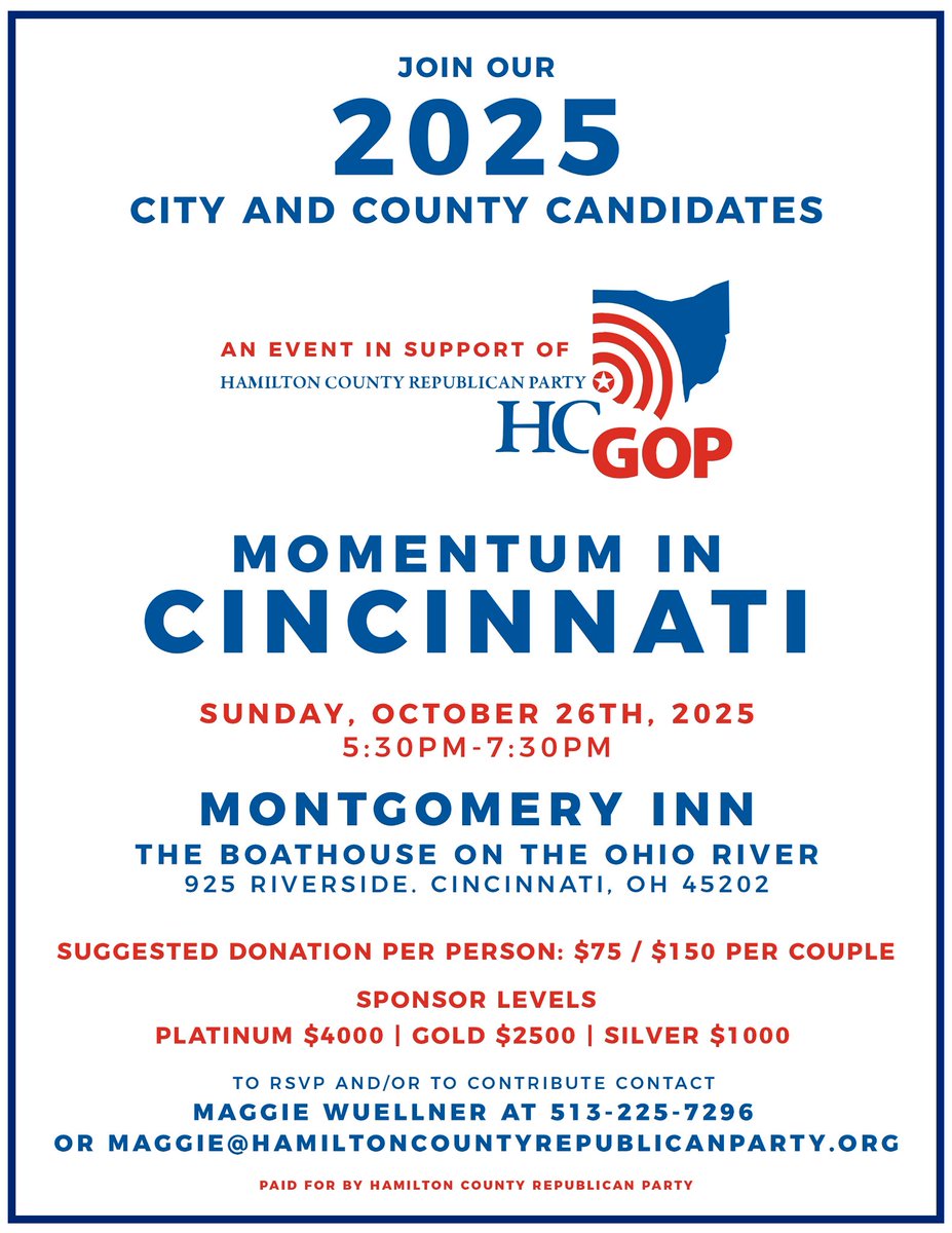 Hamilton County GOP (@hamcogop) on Twitter photo Join us for a special fundraiser focused on restoring public safety and taking back Cincinnati. Now more than ever, we need strong leadership that supports law enforcement, protects families, and stands up for common sense in our local communities. 🗳️ Join us for a special fundraiser focused on restoring public safety and taking back Cincinnati. Now more than ever, we need strong leadership that supports law enforcement, protects families, and stands up for common sense in our local communities. 🗳️