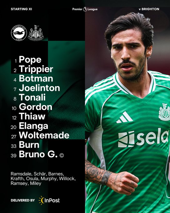 Newcastle United v Brighton: Pope, Trippier, Botman, Joelinton, Tonali, Gordon, Thiaw, Elanga, Woltemade, Burn, Bruno G. 