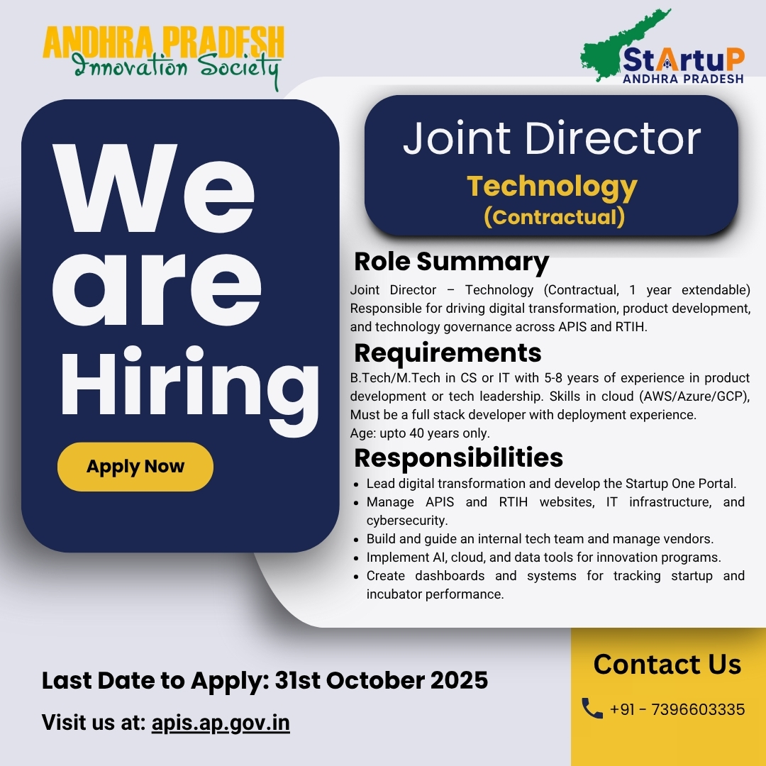 Startup_APIS's tweet image. 🚀 AP Innovation Society is Hiring!

Joint Director – Technology (Contractual)  Lead digital transformation &amp;amp; empower startups with AI, Cloud &amp;amp; data-driven solutions.  

📷 Apply by 31 Oct 2025 
🔗apis.ap.gov.in/#/careers 

#APIS #TechJobs #Innovation #StartupIndia #Leadership
