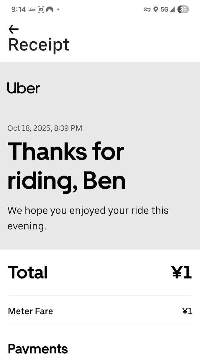I tried to take an Uber tonight, but when he arrived, I was across the street from him. He left before I could cross, and proceeded to drive half-way to my destination with seemingly no one in the car. Then the ride was canceled, and I was charged one (1) yen.