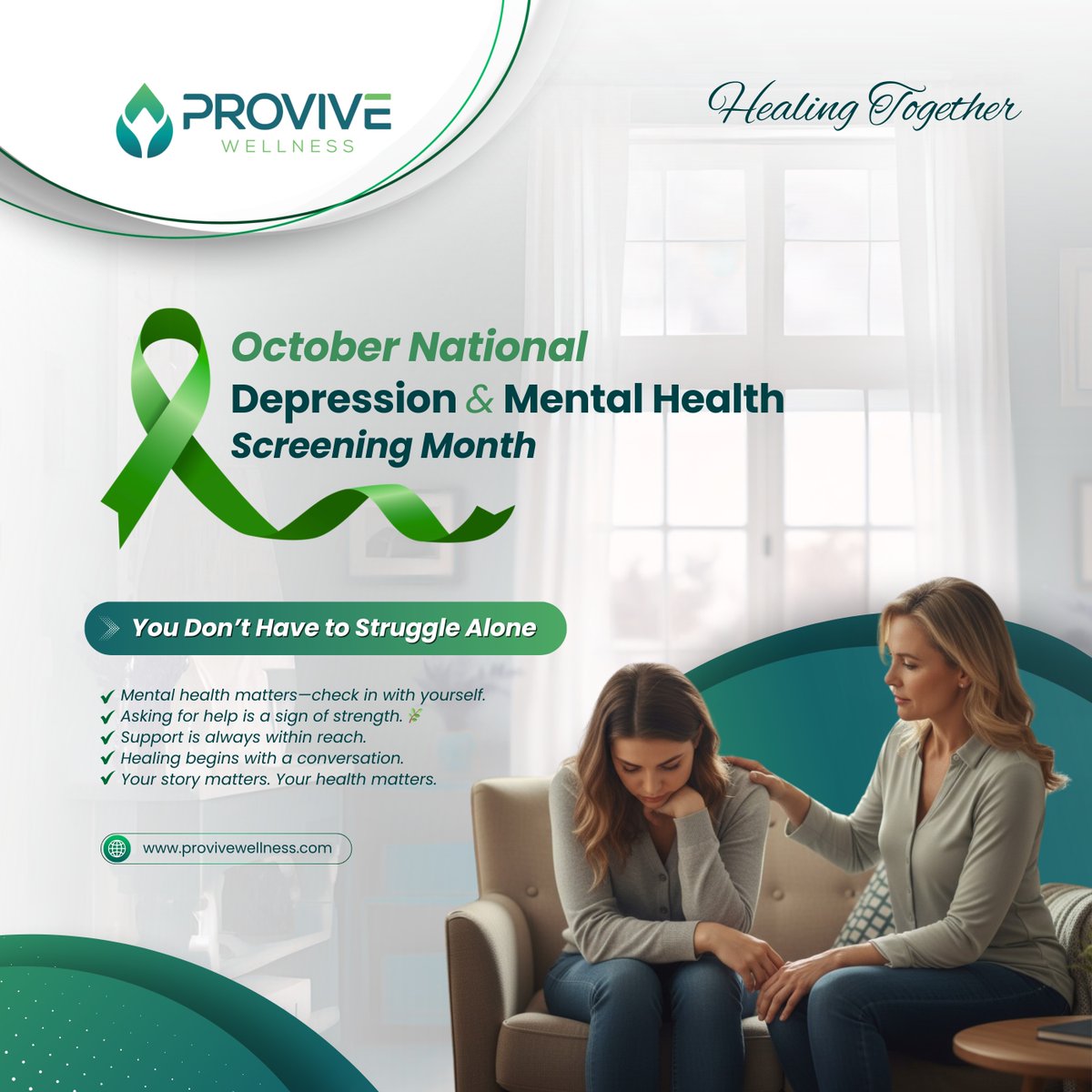 ProviveWellness's tweet image. 💚 October is #DepressionScreeningMonth
 You don’t have to struggle alone.
 💬 Healing begins with a conversation.
 💪 Asking for help is strength.
 🧠 Your story matters. Your health matters.

#ProviveWellness #MentalHealthAwareness #HealingTogether