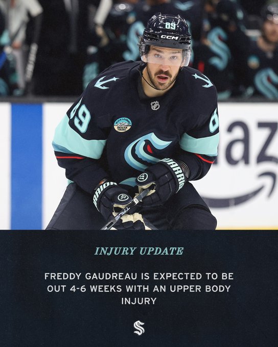 “INJURY UPDATE” graphic for Freddy featuring photo of Freddy reading:

“FREDDY GAUDREAU IS EXPECTED TO BE OUT 4-6 WEEKS WITH AN UPPER BODY INJURY”
