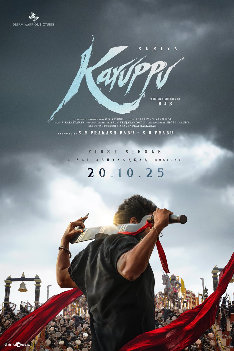 Get ready for a Deepavali filled with mass and music 💥

The FIRST SINGLE from #Karuppu drops on Oct 20!

#KaruppuFirstSingle🔥
#Diwali

A <a href="/SaiAbhyankkar/">abhyankkar</a> musical. 

<a href="/Suriya_offl/">Suriya Sivakumar</a> <a href="/trishtrashers/">Trish</a> <a href="/RJ_Balaji/">RJB</a> #Indrans <a href="/natty_nataraj/">N.Nataraja Subramani</a> #Swasika <a href="/SshivadaOffcl/">Sshivada</a> #SupreethReddy