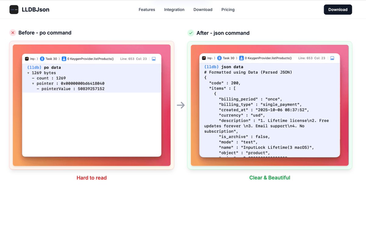 InLessimore's tweet image. Save tons of debugging time. Instantly view your Swift variables as JSON in Xcode.
lldbjson.app