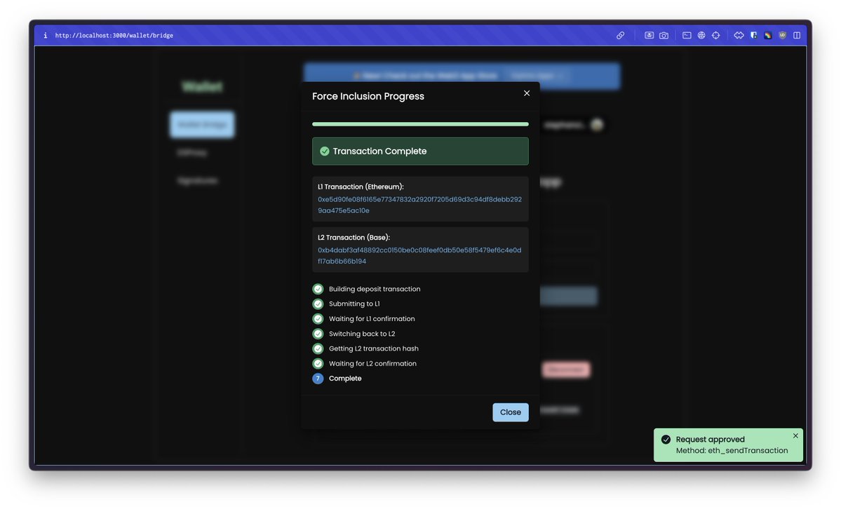 Stephan (@stephancill) on Twitter photo opened a PR for <a href="/swissknifexyz/">swiss-knife.xyz</a>'s wallet bridge that adds an option to force transactions on L2 from L1 when using any app via WalletConnect
limited to OP stack chains for now opened a PR for <a href="/swissknifexyz/">swiss-knife.xyz</a>'s wallet bridge that adds an option to force transactions on L2 from L1 when using any app via WalletConnect
limited to OP stack chains for now