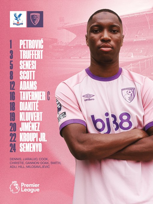 AFC Bournemouth: Petrovic, Truffert, Senesi, Scott, Adams, Tavernier, Diakite, Kluivert, Jimenez, Kroupi Jr., Semenyo.

Subs: Dennis, J.Araujo, Cook, Christie, Gannon-Doak, Smith, Adli, Hill, Milosavljevic. 