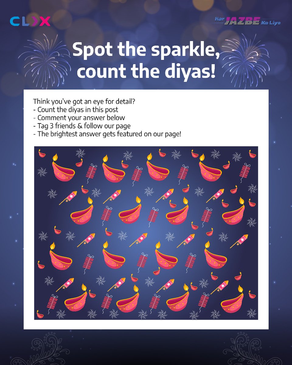 Clix Capital (@clixcapital) on Twitter photo How many diyas can you spot? ๐๐ช
Drop your answer in the comments, the one who gets it right (and shines the brightest) will be featured on our page.
๐น Steps to participate:
1๏ธโฃ Count the diyas in the post
2๏ธโฃ Comment your answer below
3๏ธโฃ Tag 3 friends
4๏ธโฃ Follow @ClixCapital How many diyas can you spot? ๐๐ช
Drop your answer in the comments, the one who gets it right (and shines the brightest) will be featured on our page.
๐น Steps to participate:
1๏ธโฃ Count the diyas in the post
2๏ธโฃ Comment your answer below
3๏ธโฃ Tag 3 friends
4๏ธโฃ Follow @ClixCapital