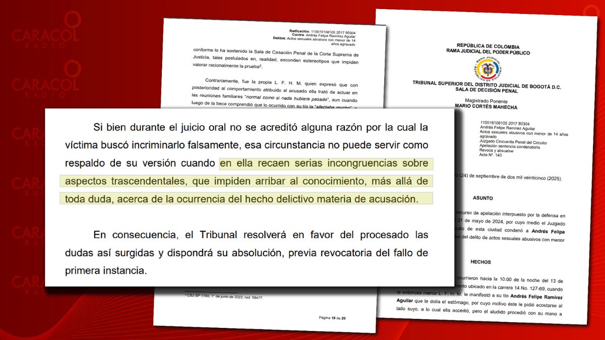 UltimaHoraCR's tweet photo. #ElDatoDeJoseAndres @CaracolRadio | El Tribunal Superior de Bogotá (@TSB_Bogota) tumbó la condena de 12 años y en su lugar absolvió a Andrés Felipe Ramírez Aguilar, quien actualmente ejerce como juez de Garantías en el complejo judicial de Paloquemao. Lo absolvieron del delito de actos sexuales abusivos con menor de 14 años agravado porque la supuesta víctima mintió.

@andresGgaitan
Vía https://t.co/v2vIVVHFXe