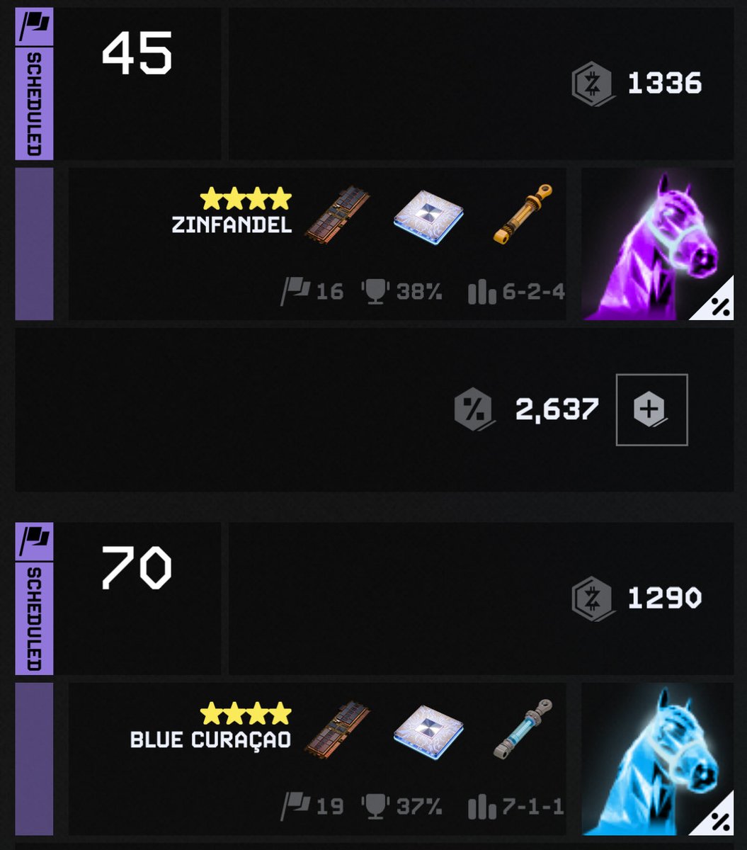 Stable didn’t do too well over night, but Blue Curaçao got a 🥇 and entered the top 80! <a href="/zed_champions/">ZED CHAMPIONS</a> 

Now have 2️⃣ racehorses in the top 80 which will help me gather quest points for weekly and seasonal rewards🚀 

Or should I retire them🤔