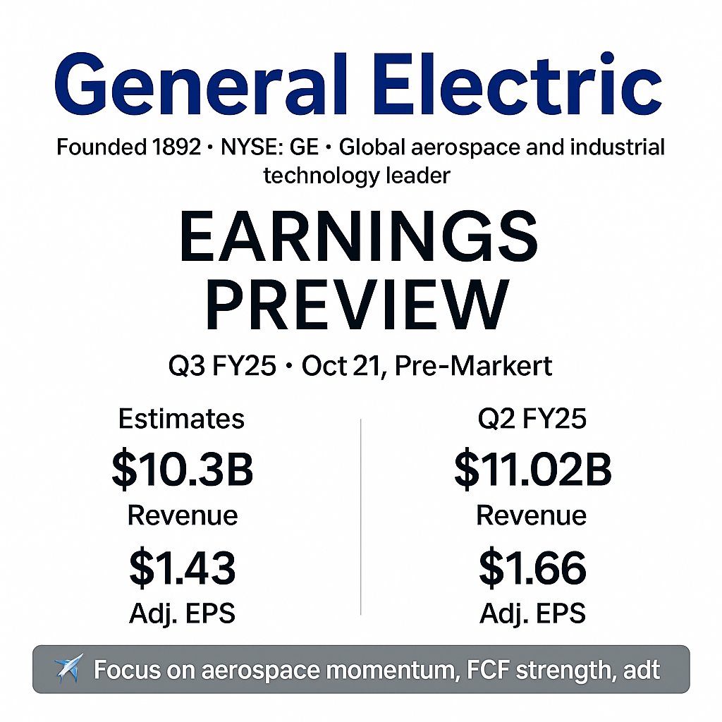 Earnings_Time's tweet image. #GeneralElectric
Earnings Preview – $GE
Earnings due Oct 21, Pre-Market

▫️Est. Revenue: $10.3B vs. $11.02B (Q2 FY25)
▫️Est. Adj. EPS: $1.43 vs. $1.66 (Q2 FY25)

▫️Aerospace Segment: Still the key driver; investors watching sustained demand for commercial engine services and LEAP