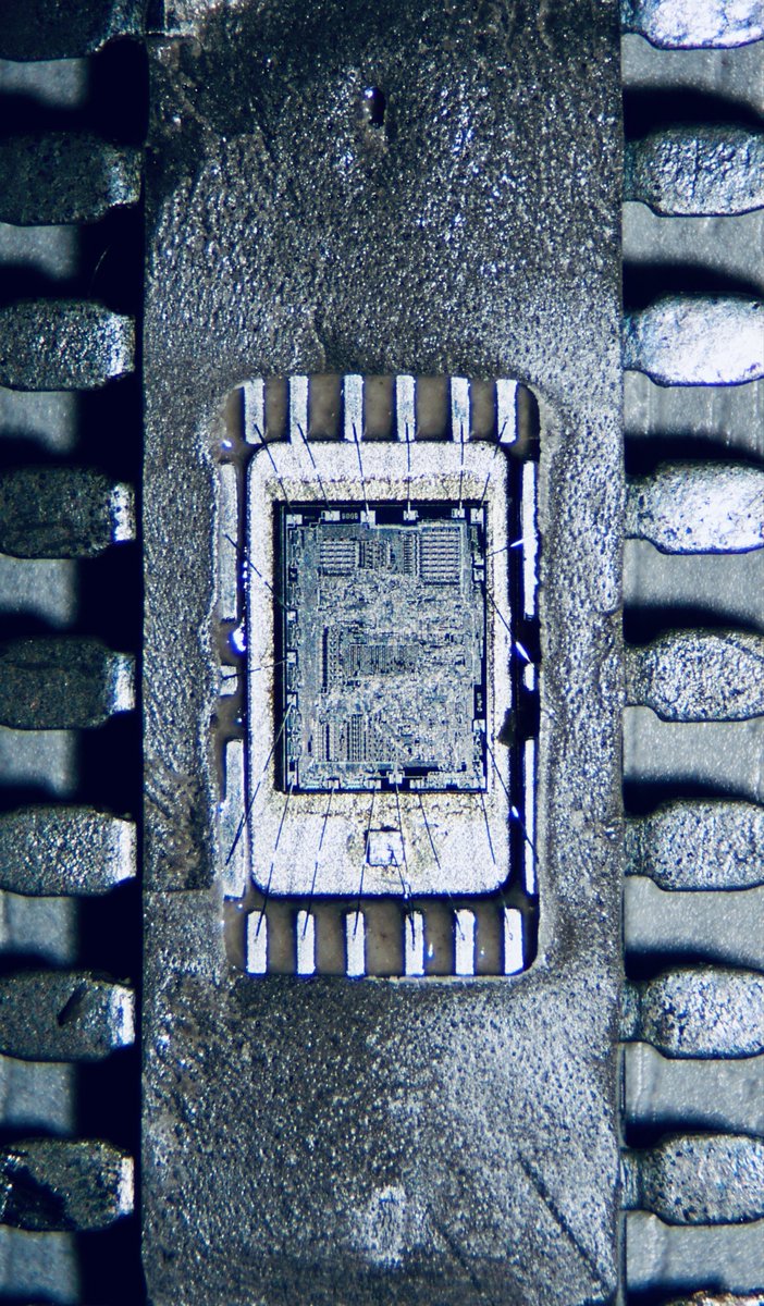 duke_cpu's tweet image. It’s #Intel‘s first 8bit microprocessor!
Next, I go closer using my Wild/Leica stereomicroscope with phototube. As the light comes from the side, the image is high in contrast due to reflections on the top metal layer. But there is much more below the surface…
(4/n)