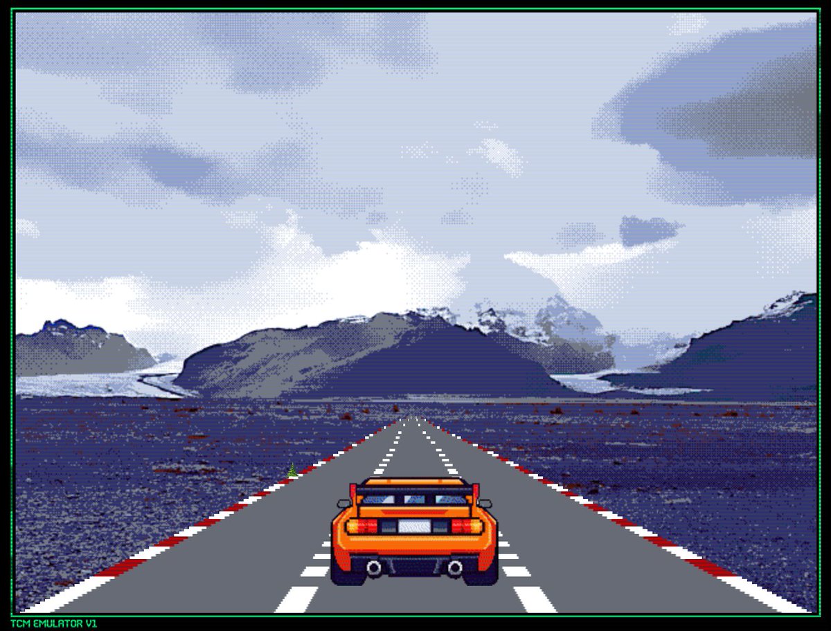 MagoryNET's tweet image. Working an emulator of a haunted console I found in my attic. :) Many minigames preloaded - the first one is a bit like Lotus Turbo Challenge. Making the road render correctly is a fun challenge. The background is a photo from Iceland I took. :) #gamedev #indiegames #indiedev