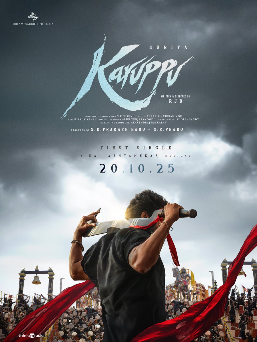 Get ready for a Deepavali filled with mass and music 💥

The FIRST SINGLE from #Karuppu drops on Oct 20!

#KaruppuFirstSingle🔥
#Diwali

A <a href="/SaiAbhyankkar/">abhyankkar</a> musical. 

<a href="/Suriya_offl/">Suriya Sivakumar</a> <a href="/trishtrashers/">Trish</a> <a href="/RJ_Balaji/">RJB</a> #Indrans <a href="/natty_nataraj/">N.Nataraja Subramani</a> #Swasika <a href="/SshivadaOffcl/">Sshivada</a> #SupreethReddy
