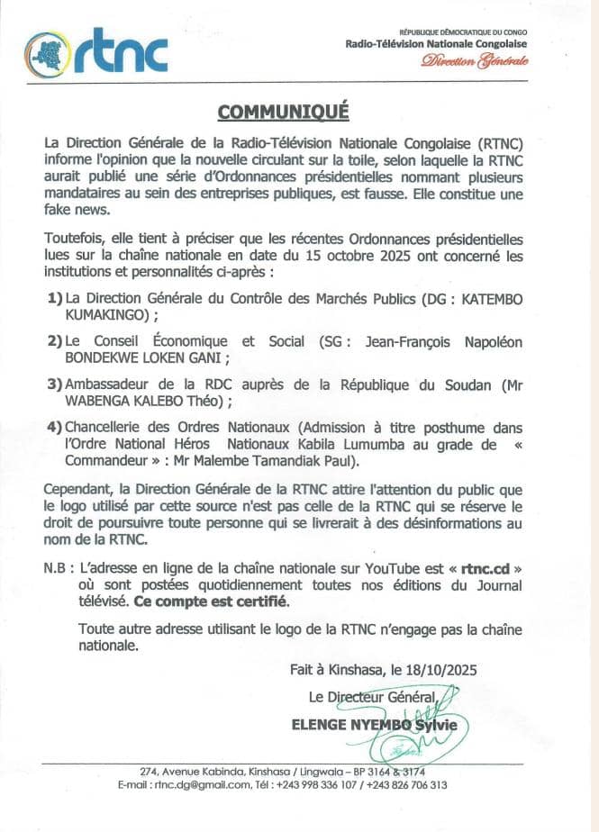 FAKE NEWS
La <a href="/rtncofficielle1/">RTNC.CD</a> dénonce l’usage frauduleux de son logo dans de fausses annonces de nominations. Elle se réserve le droit de poursuivre les auteurs de ces désinformations.  
 Communiqué officiel de la Direction Générale 👇 <a href="/DrLambe87/">Professeur LAMBE</a> <a href="/sylvainmukend/">Sylvain Mukendi</a> <a href="/Kiyombo_Erick/">Eric Kiyombo</a>