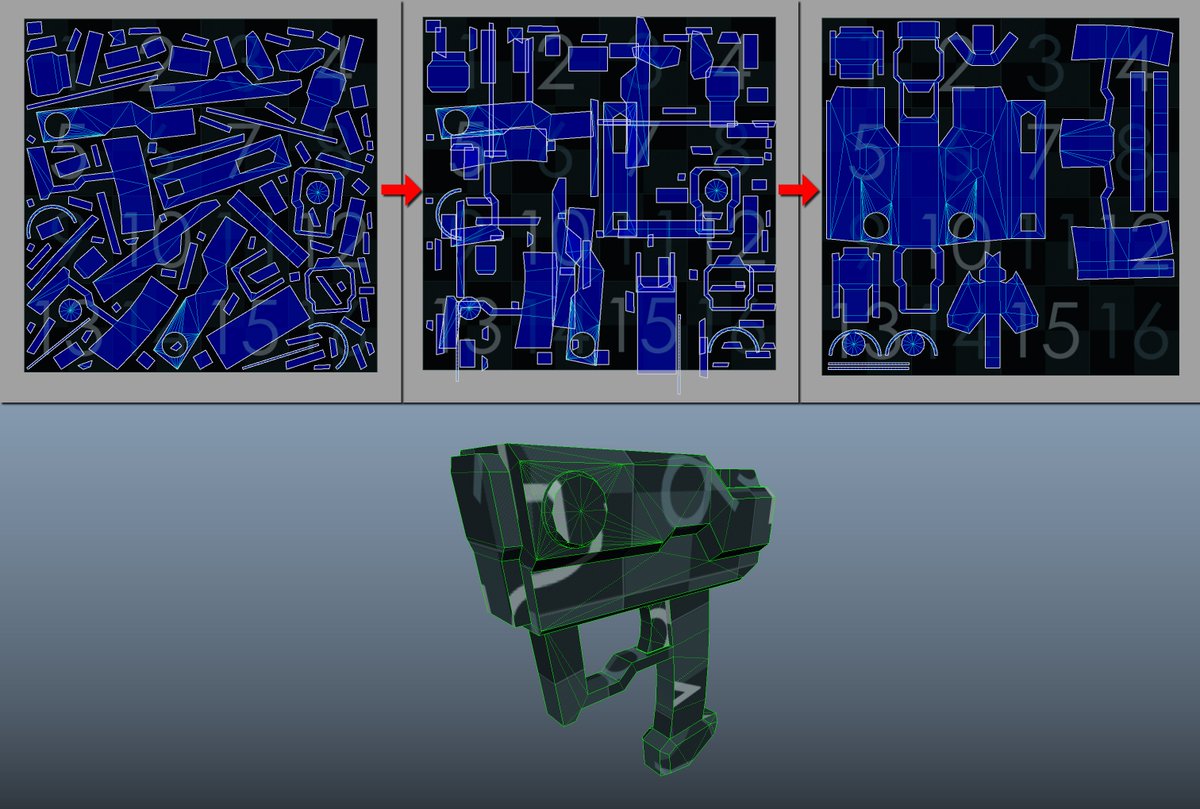 Ika_run's tweet image. 最近時間取れるようになったので制作再開。
ベイク前のサクっとUV展開。
Planar Mapping>ハードエッジをカット>Unfold
>Orient Shells>Stitch Together / Sew>レイアウト
基本これだけで綺麗にUV展開できるのでザクザクUVを切り刻むのだ…( ˘ω˘ )
#MAYA  #maya3dmodeling